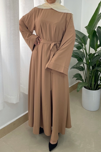 Casual Womens Dress Solid Color High Waist Lace-Up Long Sleeve Round Neck Maxi A-Line Dress