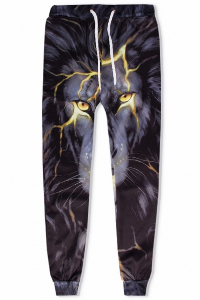 Chic Mens Pants 3D Lion Print Drawstring Elastic Waist Mid Rise Straight Skinny Fit Pants in Grey