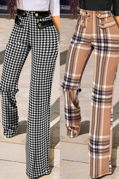 Classic Womens Pants Plaid Pattern High Waist Long Length Straight Slim Fit Pants