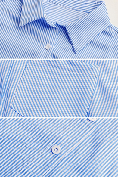 Classic Womens Shirt Striped Print Button Down Pocket Detail Short Sleeve Tunics Shirt with Belt