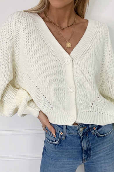 Comfortable Womens Plain V-Neck Cardigan Ribbed Trim Button Down Relaxed Long Sleeve Knitted Cardigan