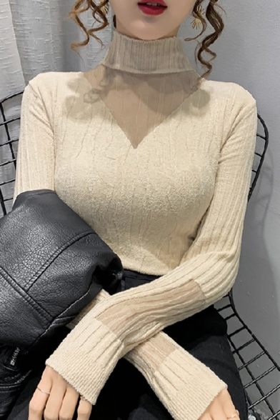 Fashion Womens Knit Top Solid Color Mock Neck Lace Patchwork Long Sleeve Slim Fit Knit Top