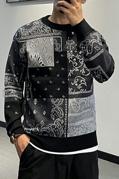 Fashionable Mens Sweater Paisley Print Round Collar Loose Long-Sleeved Pullover Sweater