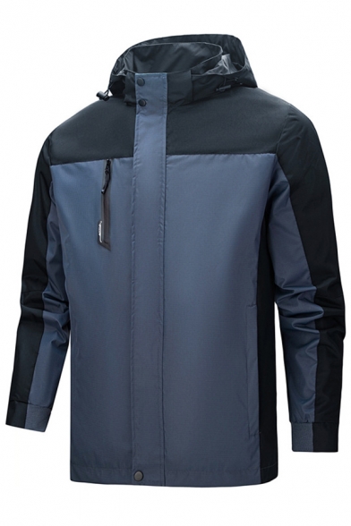 Guys Boyish Coat Contrast Color Drawstring Front Pocket Long Sleeve Regular Fitted Hooded Coat