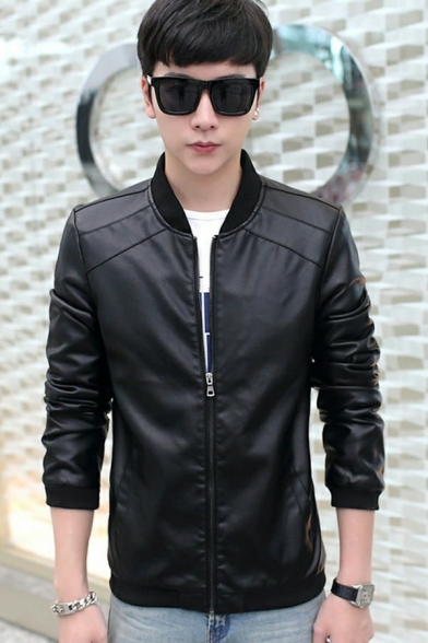 Hot Jacket Pure Color Pocket Long Sleeve Stand Collar Fitted Zipper Leather Jacket for Men