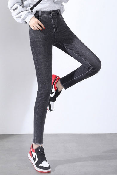 Leisure Ladies Jeans Darkwash Blue Zip Fly High Rise Fringe Hem Ankle Length Skinny Jeans