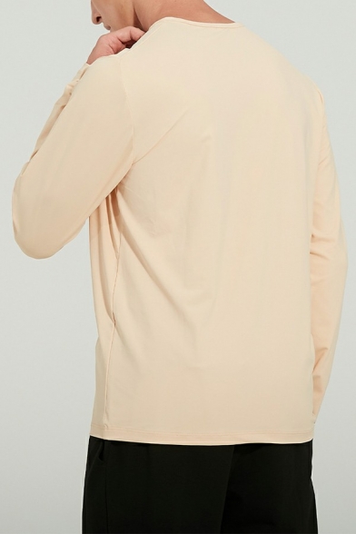 Men's Simple T-Shirt Long Sleeve Round Neck Regular Fit Solid Color T-Shirt