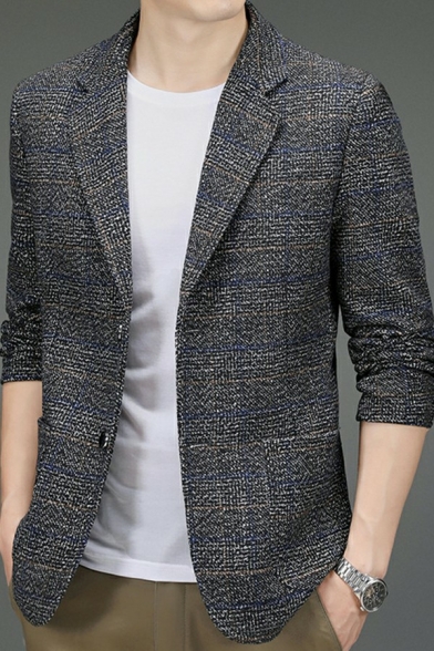 Men Urban Blazer Plaid Print Pocket Long Sleeve Skinny Lapel Collar Button Fly Suit Blazer