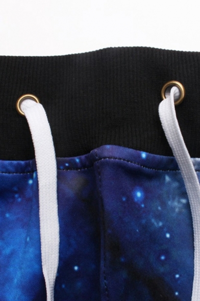 Popular Mens Pants Galactic Print Drawstring Elastic Waist Mid Rise Straight Regular Fit Pants in Blue