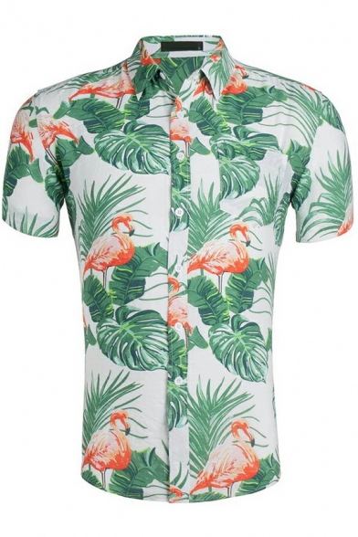 Popular Shirt Plant Pattern Turn-down Collar Short-Sleeved Slim Fitted Shirt for Boys