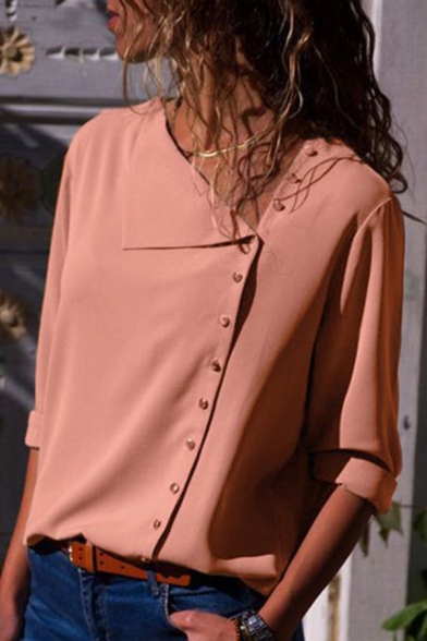 Retro Womens Shirt Solid Color Lapel Collar Button Closure Long Sleeve Regular Fit Shirt
