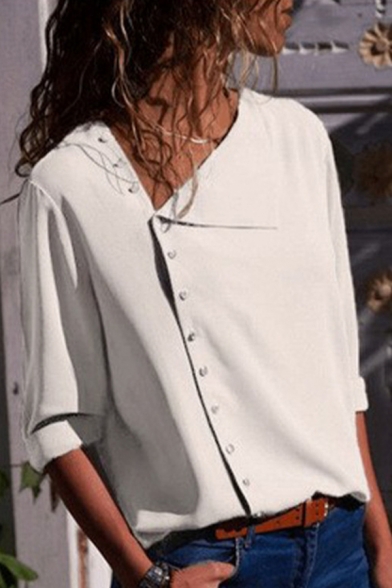 Retro Womens Shirt Solid Color Lapel Collar Button Closure Long Sleeve Regular Fit Shirt
