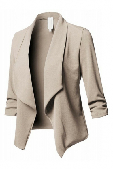 Simple Ladies Plain Blazer Waterfall Collar Pure Color Open Front Slim Fitted Suit Jacket