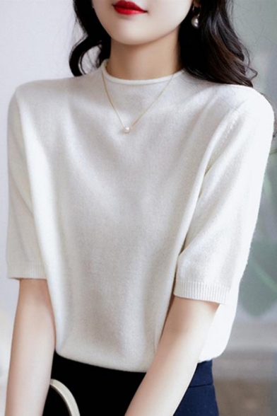 Simple Womens Sweater Solid Color Mock Neck Short Sleeve Relaxed Sweater