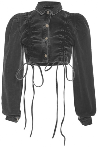 Street Look Girls Jacket Turn Down Collar Long Sleeve Single Breasted Ruched Slim Cropped Denim Jacket
