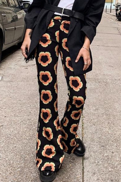 Street Style Womens Pants Mid Rise All Over Printed Full Length Flared Pants