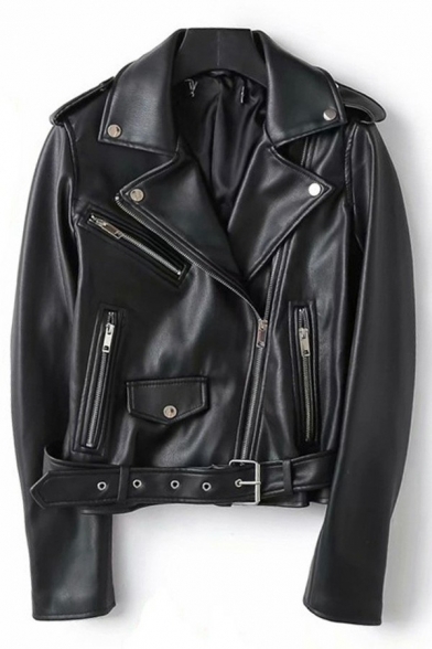 Stylish Womens Jacket Plain Zip Placket Belted Notched Collar Zipper Pocket Long Sleeve Leather Jacket