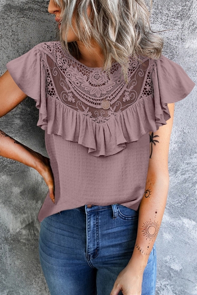 Trendy Womens T-Shirt Solid Round Neck Ruffle Design Short Sleeve Hollow Relaxed T-Shirt