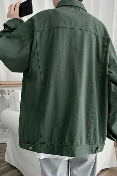 Urban Boy's Denim Jacket Plain Button Closure Spread Collar Loose Fit Jacket