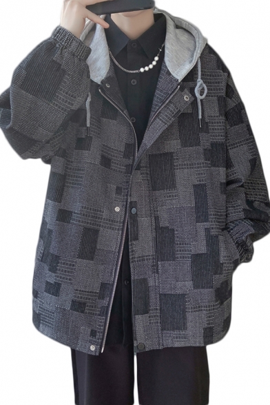Vintage Guys Jacket Plaid Print Zip Closure Long Sleeve Loose Fit Jacket with Hoodie