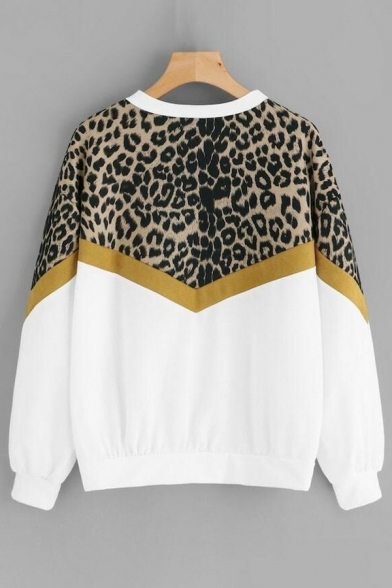 Vintage Ladies Sweatshirt Leopard Patchwork Round Neck Long Sleeve Straight Sweatshirt