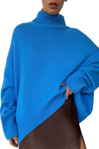 Casual Ladies Sweater Solid Color High Neck Long Sleeve Oversized Sweater