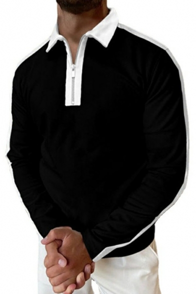 Casual Mens Polo Shirt Contrast Color Long Sleeve Zip Detail Spread Collar Regular Fit Polo Shirt