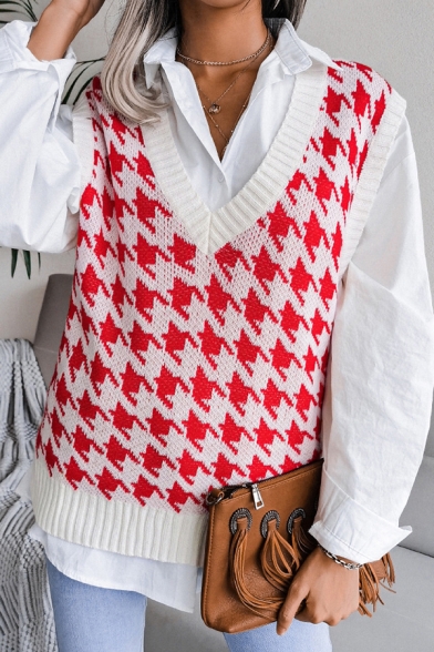 Chic Ladies Sweater Vest Houndstooth Print V-Neck Sleeveless Oversized Vest