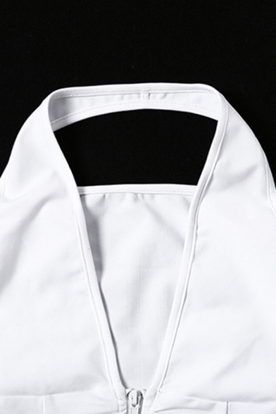 Chic Womens Plain T-Shirt Halter Deep V Neck Zip Up Cold Shoulder Sheer Sleeve Slim Fit Crop T-Shirt