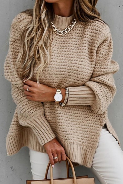 Chic Womens Sweater Plain Color Mock Neck Side Split Long Sleeve Oversized Sweater