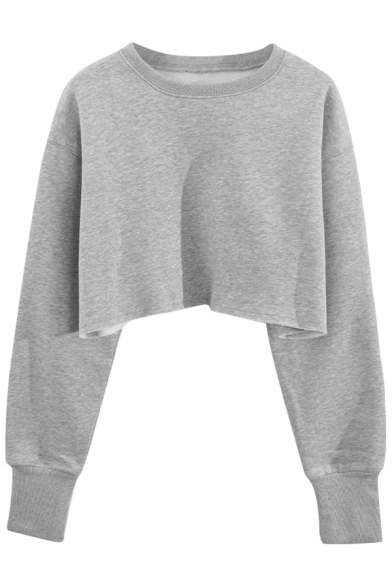 Classic Womens Sweatshirt Pure Color Round Neck Long Sleeve Cropped Pullover Sweatshirt
