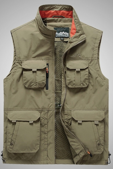 Daily Men Vest Stand Collar Pure Color Zip Closure Regular Fit Vest with Pocket