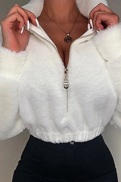 Dashing Ladies Plush Sweatshirt Plain Stand Collar 3/4 Zip Down Regular Fit Crop Pullover Sweatshirt in White