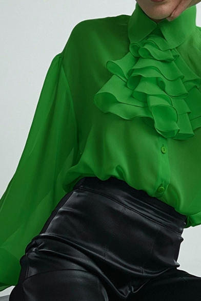 Elegant Womens Shirt Solid Ruffle Detail Lapel Collar Long Puff Sleeve Button Down Slim Sheer Shirt