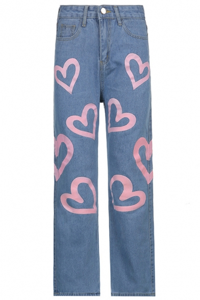 Fashion Girls Jeans Zip Fly High Waist Heart Print Long Wide Leg Jeans