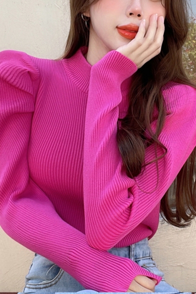 Fashion Knit Top Mock Neck Solid Color Puff Sleeve Slim Fitted Knit Top for Women