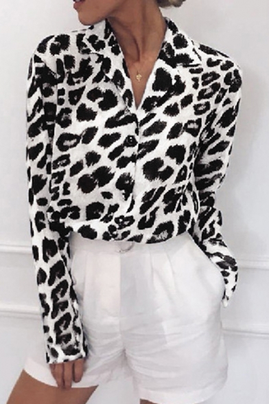 Fashionable Lapel Shirt Leopard Print Button Closure Slim Fit Shirt for Women