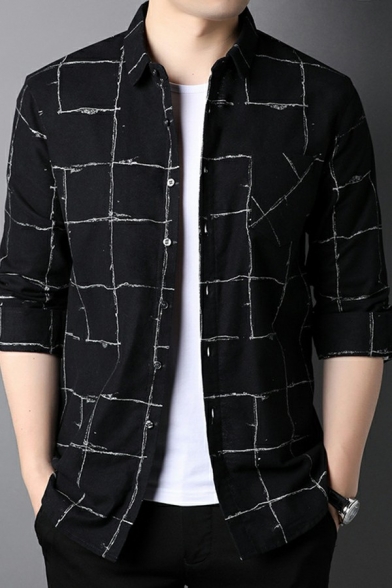 Fashionable Mens Shirt Plaid Pattern Turn-down Collar Relaxed Long Sleeve Button Fly Shirt