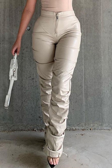 Funky Ladies PU Pants Solid Color Ruched High Waist Zip Up Drawstring Cuffs Long Straight Pants