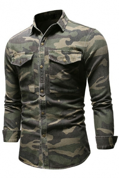 Guy's Street Style Shirt Comouflage Print Button-down Long-sleeved Turn-down Collar Slim Denim Shirt