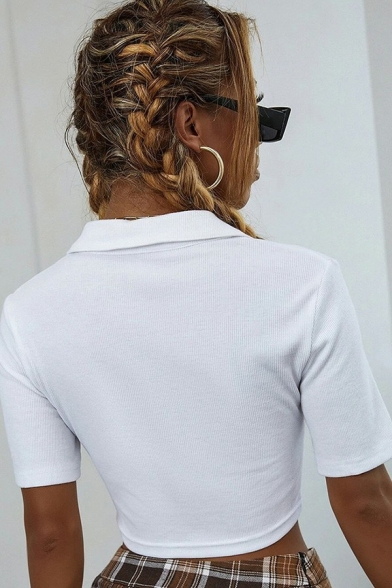 Hot Womens Polo Shirt V-Neck Short Sleeve Slim Fit Cropped Knit Polo Shirt