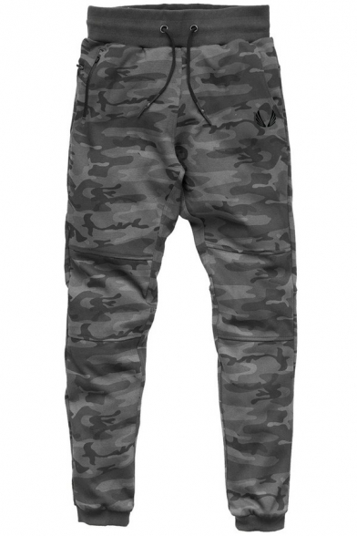 Leisure Men Pants Camouflage Pattern Slim Fit Long Length Drawstring Waist Mid Rise Pants