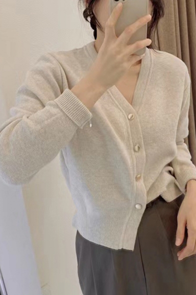 Leisure Womens Sweater Solid V-Neck Button Down Long Sleeve Relaxed Cropped Sweater
