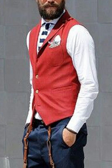 Men Urban Suit Vest Whole Colored Sleeveless Slim Fit Lapel Collar Button Fly Suit Vest