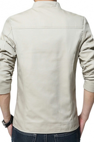 Mens Urban Style Jacket Pure Color Zipper Pocket Stand Collar Long Sleeve Regular Baseball Jacket
