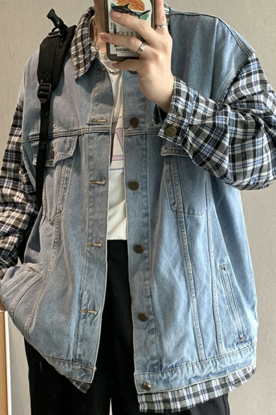 Modern Boy's Jacket Plaid Patchwork Button Closure Spread Collar Loose Fit Denim Jacket