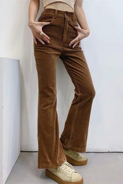Retro Ladies Corduroy Pants Plain Zipper Fly High Waist Long Length Bootcut Pants