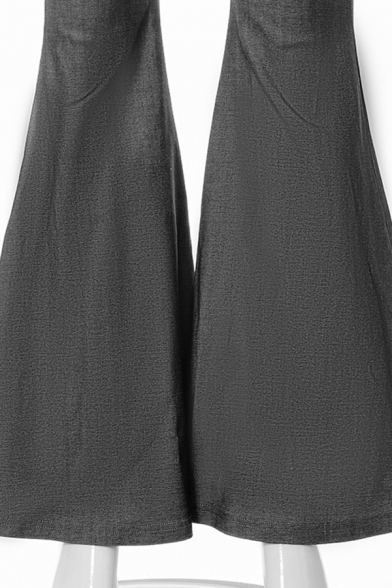 Sexy Ladies Pants Solid Drawstring Ruched Low Rise Flared Full Length Wide Leg Pants