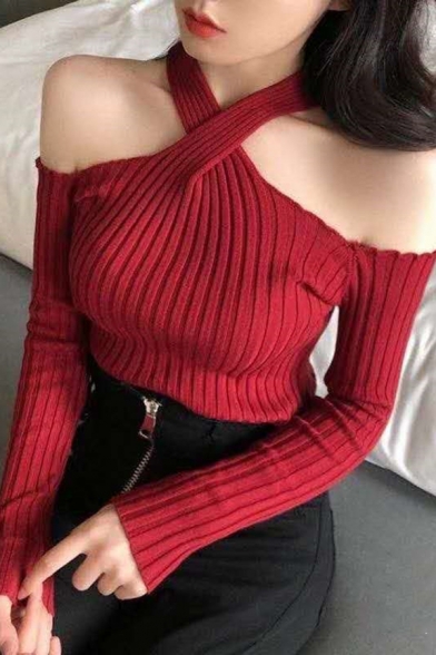 Sexy Plain Knit Top Crisscross Halter Cold Shoulder Long Sleeve Slim Fitted Sweater for Women