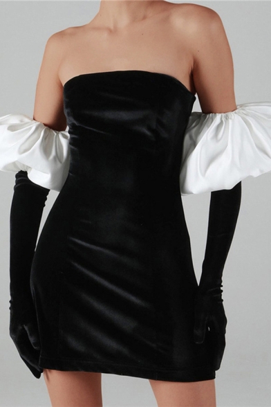 Sexy Women Velvet Strapless Dress Long Puff Sleeve Off Shoulder Bodycon Elegant Evening Party Mini Dresses
